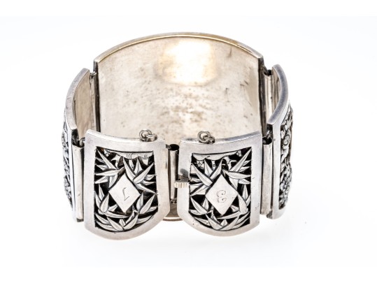 Ornate Dragon, Floral & Bamboo Motif Sterling Wide Link Bracelet
