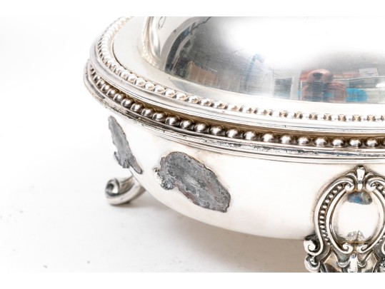 Pair Of Antique Silver Plate Chafing Dished, With Bead Motif Edging And Finials
