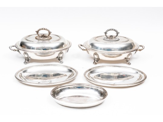 Pair Of Antique Silver Plate Chafing Dished, With Bead Motif Edging And Finials