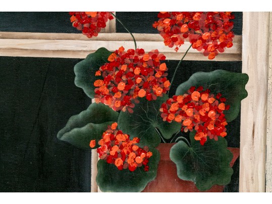 Oil On Canvas Board, Red Geraniums In The Window