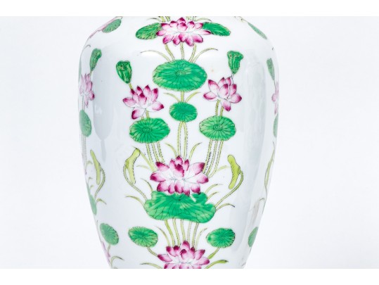 Elegant Pair Of Famille Rose Decorated Porcelain Vases Mounted As Lamps