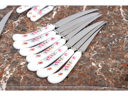 Delightful English, Royal Crown Derby Flatware Service, Floral Embellished China Handles, 41 Pieces
