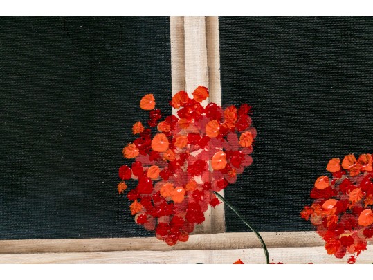 Oil On Canvas Board, Red Geraniums In The Window