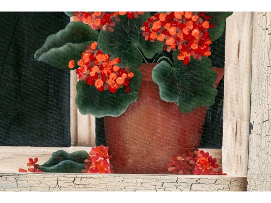 Oil On Canvas Board, Red Geraniums In The Window