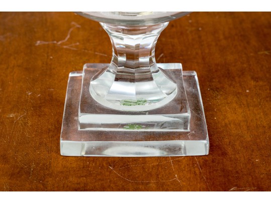 Pair Of Labeled Etched Glass Footed Hurricanes