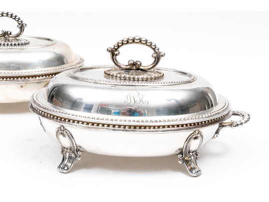 Pair Of Antique Silver Plate Chafing Dished, With Bead Motif Edging And Finials