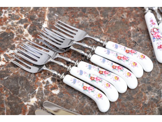 Delightful English, Royal Crown Derby Flatware Service, Floral Embellished China Handles, 41 Pieces