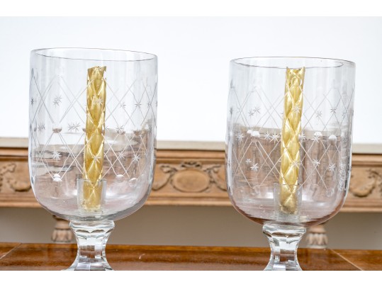 Pair Of Labeled Etched Glass Footed Hurricanes