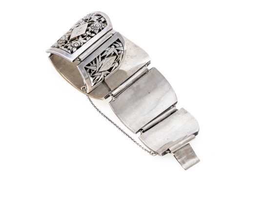 Ornate Dragon, Floral & Bamboo Motif Sterling Wide Link Bracelet