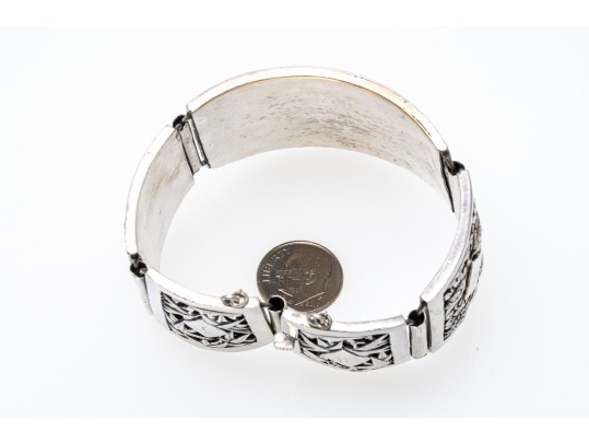 Ornate Dragon, Floral & Bamboo Motif Sterling Wide Link Bracelet