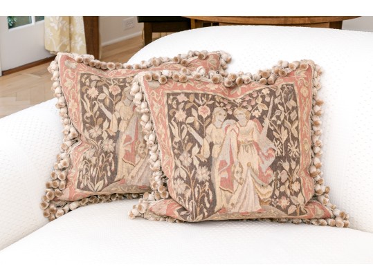 Pair Of Wool Tapestry & Cotton Decorative Accent Pillows With Feather & Down Insert
