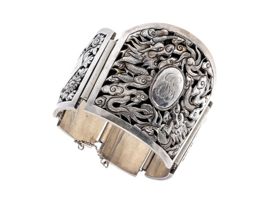 Ornate Dragon, Floral & Bamboo Motif Sterling Wide Link Bracelet