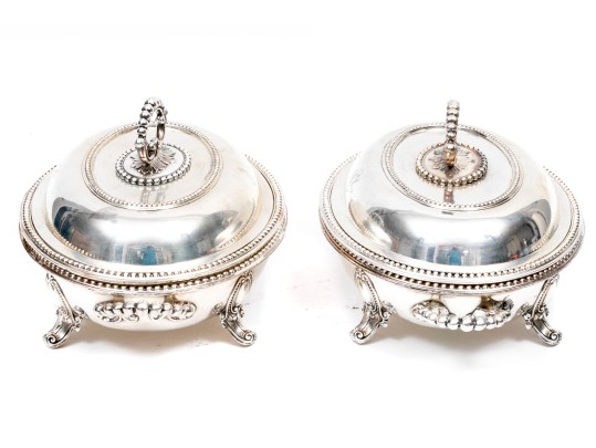 Pair Of Antique Silver Plate Chafing Dished, With Bead Motif Edging And Finials