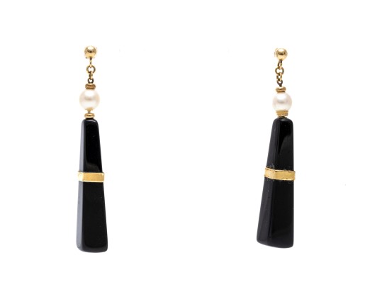 14K Onyx And Pearl Pendant Earrings