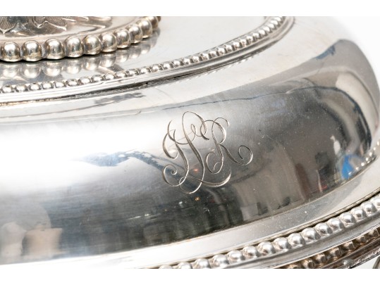 Pair Of Antique Silver Plate Chafing Dished, With Bead Motif Edging And Finials