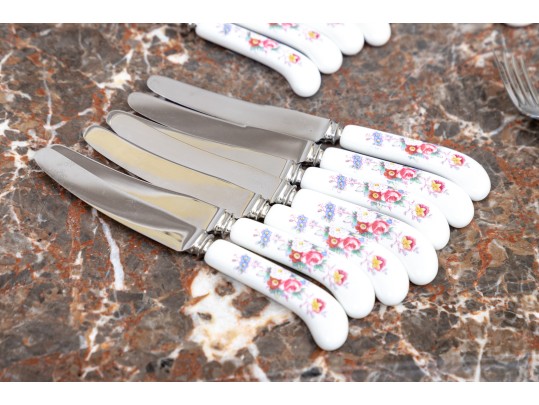 Delightful English, Royal Crown Derby Flatware Service, Floral Embellished China Handles, 41 Pieces