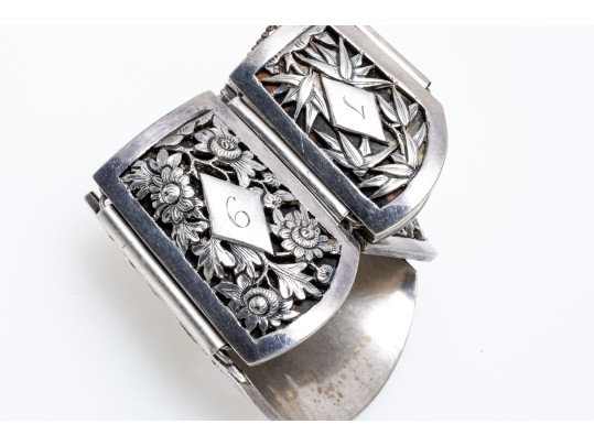 Ornate Dragon, Floral & Bamboo Motif Sterling Wide Link Bracelet