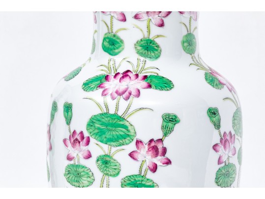 Elegant Pair Of Famille Rose Decorated Porcelain Vases Mounted As Lamps