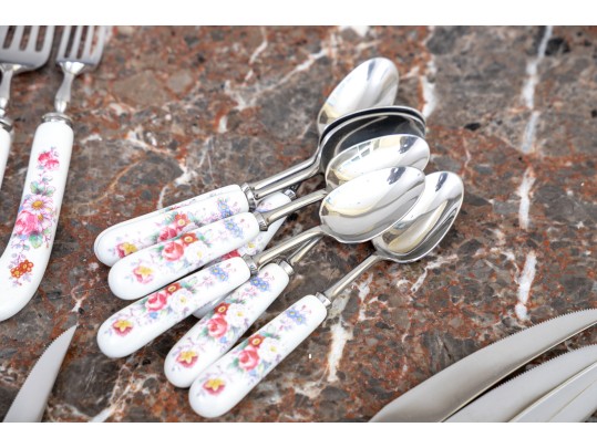 Delightful English, Royal Crown Derby Flatware Service, Floral Embellished China Handles, 41 Pieces