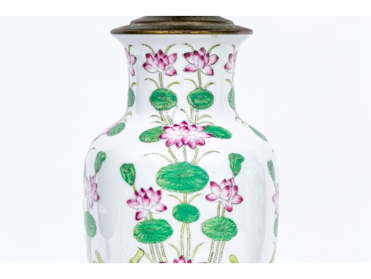 Elegant Pair Of Famille Rose Decorated Porcelain Vases Mounted As Lamps