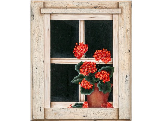 Oil On Canvas Board, Red Geraniums In The Window
