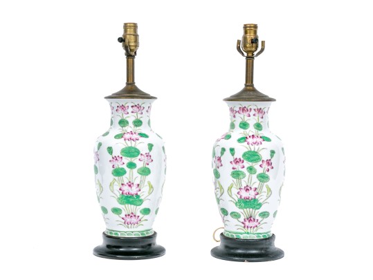 Elegant Pair Of Famille Rose Decorated Porcelain Vases Mounted As Lamps