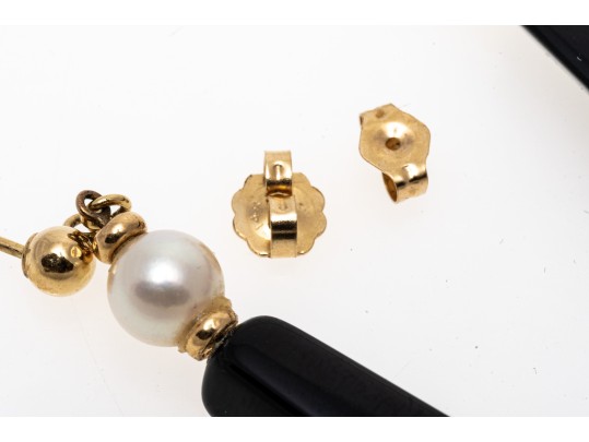 14K Onyx And Pearl Pendant Earrings