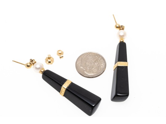 14K Onyx And Pearl Pendant Earrings