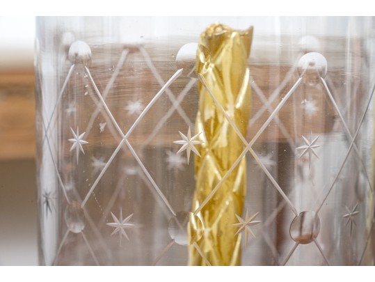 Pair Of Labeled Etched Glass Footed Hurricanes