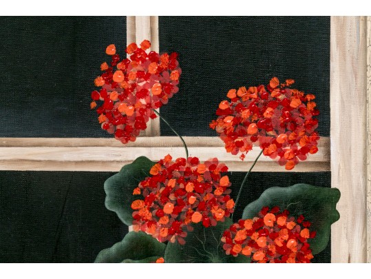 Oil On Canvas Board, Red Geraniums In The Window