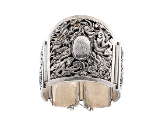 Ornate Dragon, Floral & Bamboo Motif Sterling Wide Link Bracelet