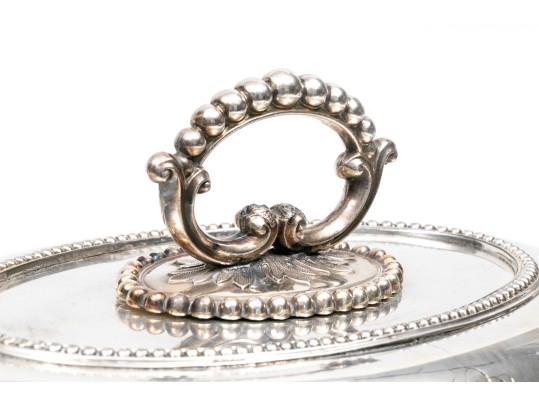 Pair Of Antique Silver Plate Chafing Dished, With Bead Motif Edging And Finials