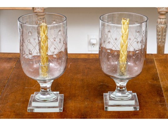 Pair Of Labeled Etched Glass Footed Hurricanes