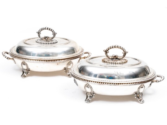 Pair Of Antique Silver Plate Chafing Dished, With Bead Motif Edging And Finials