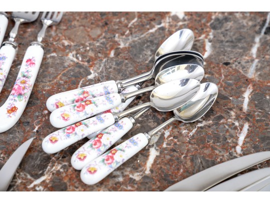 Delightful English, Royal Crown Derby Flatware Service, Floral Embellished China Handles, 41 Pieces