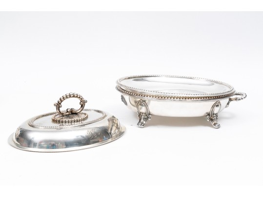 Pair Of Antique Silver Plate Chafing Dished, With Bead Motif Edging And Finials