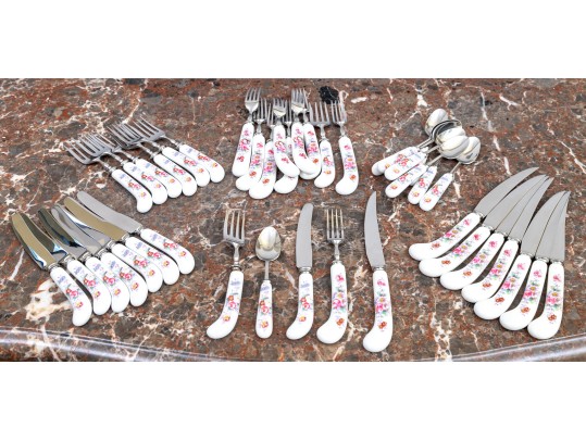 Delightful English, Royal Crown Derby Flatware Service, Floral Embellished China Handles, 41 Pieces