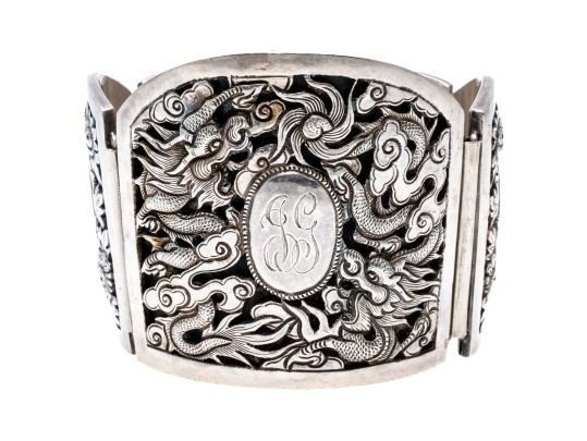 Ornate Dragon, Floral & Bamboo Motif Sterling Wide Link Bracelet