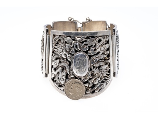 Ornate Dragon, Floral & Bamboo Motif Sterling Wide Link Bracelet