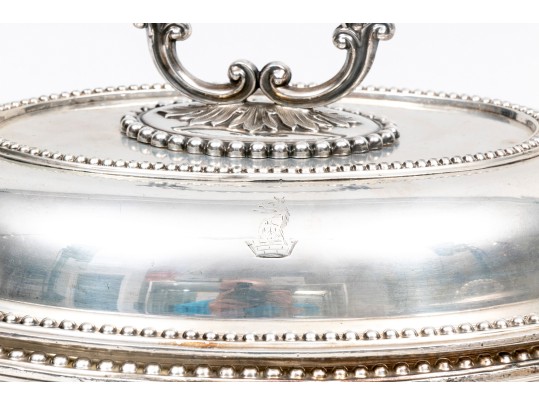 Pair Of Antique Silver Plate Chafing Dished, With Bead Motif Edging And Finials