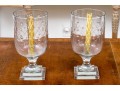 Pair Of Labeled Etched Glass Footed Hurricanes