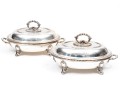 Pair Of Antique Silver Plate Chafing Dished, With Bead Motif Edging And Finials