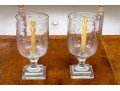 Pair Of Labeled Etched Glass Footed Hurricanes