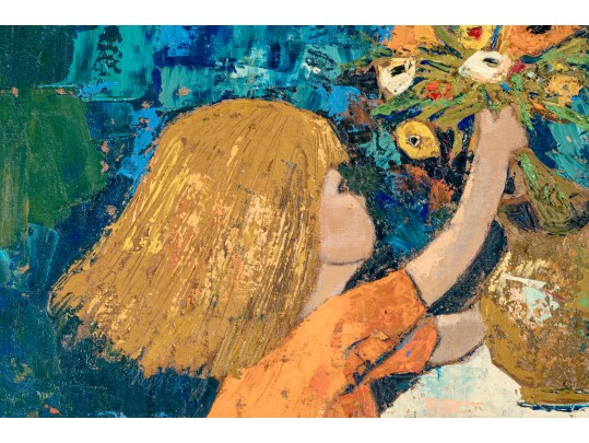 Edith Ferullo (Am. 1928-2008) OIl On Board Girl With Vase Of Flowers