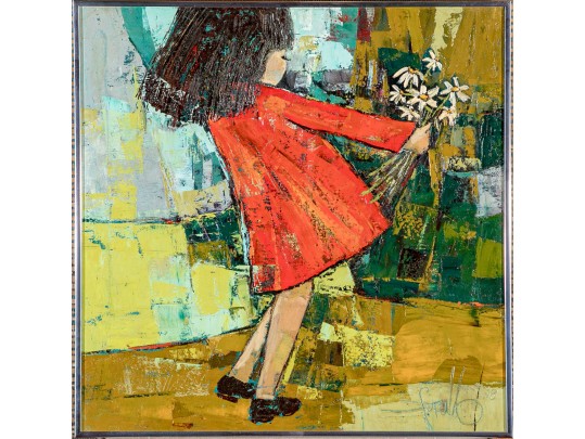 Edith Ferullo (Am. 1928-2008) Oil On Canvas Girl With Flowers
