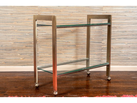 Vintage MCM Brass And Glass Barcart On Casters