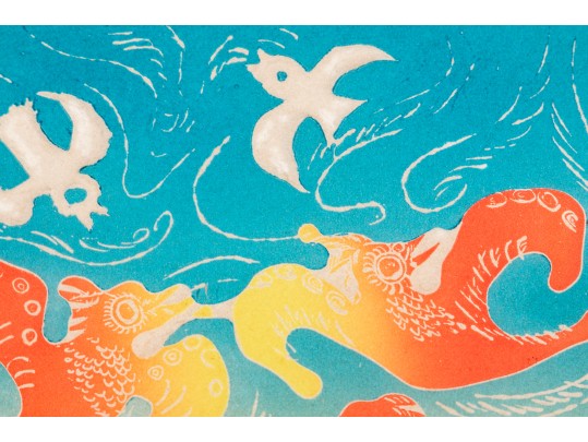 Motoi Oi (Jap. Am. 1910-2004) Retro Woodblock Print Girl With Birds