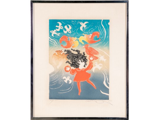 Motoi Oi (Jap. Am. 1910-2004) Retro Woodblock Print Girl With Birds