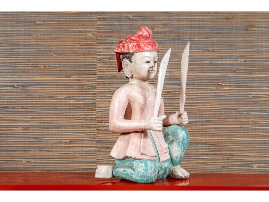 Thai Carved And Polychrome Finished Wooden Burmese Soldier