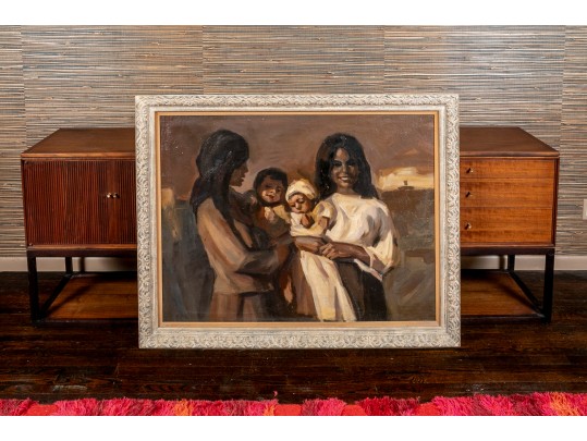 Over-Sized Oil On Linen Framed Portrait Of Women & Children